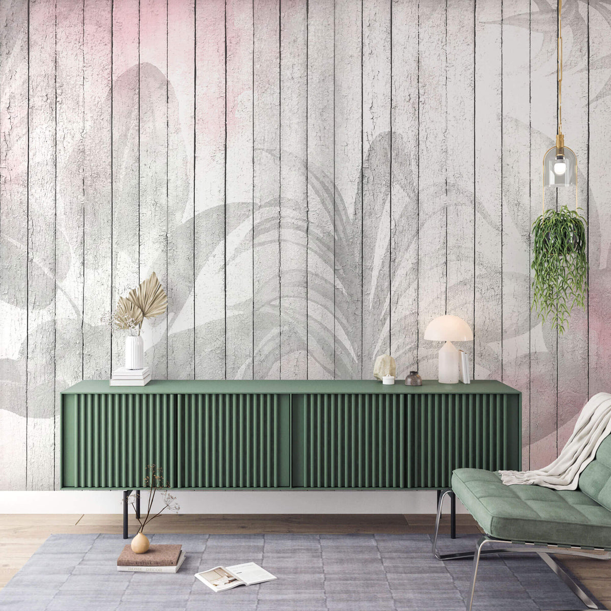 Tapet Personalizat Leaf cu frunze pe un fundal rozaliu de lemn alb vechi - WOODEN LEAVES PINK