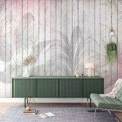 Tapet Personalizat Leaf cu frunze pe un fundal rozaliu de lemn alb vechi - WOODEN LEAVES PINK