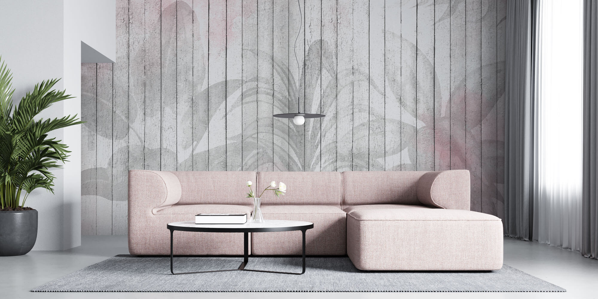 Tapet Personalizat Leaf cu frunze pe un fundal rozaliu de lemn alb vechi - WOODEN LEAVES PINK