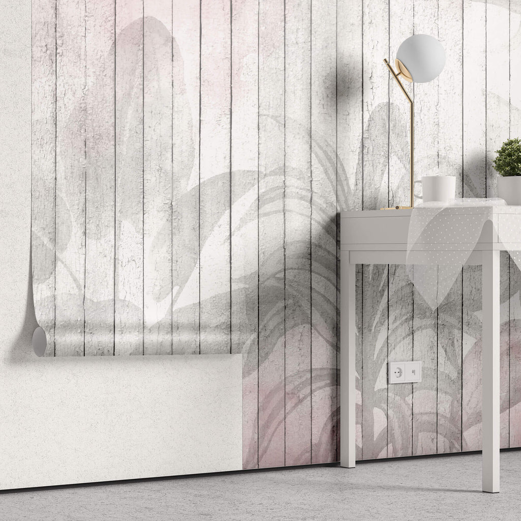 Tapet Personalizat Leaf cu frunze pe un fundal rozaliu de lemn alb vechi - WOODEN LEAVES PINK