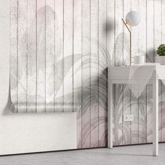 Tapet Personalizat Leaf cu frunze pe un fundal rozaliu de lemn alb vechi - WOODEN LEAVES PINK