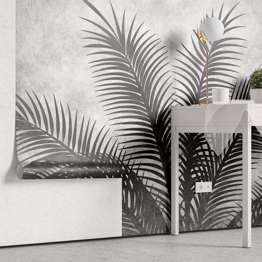 Tapet Personalizat Leaf cu palmieri alb negru texturati - THE GREY PALM