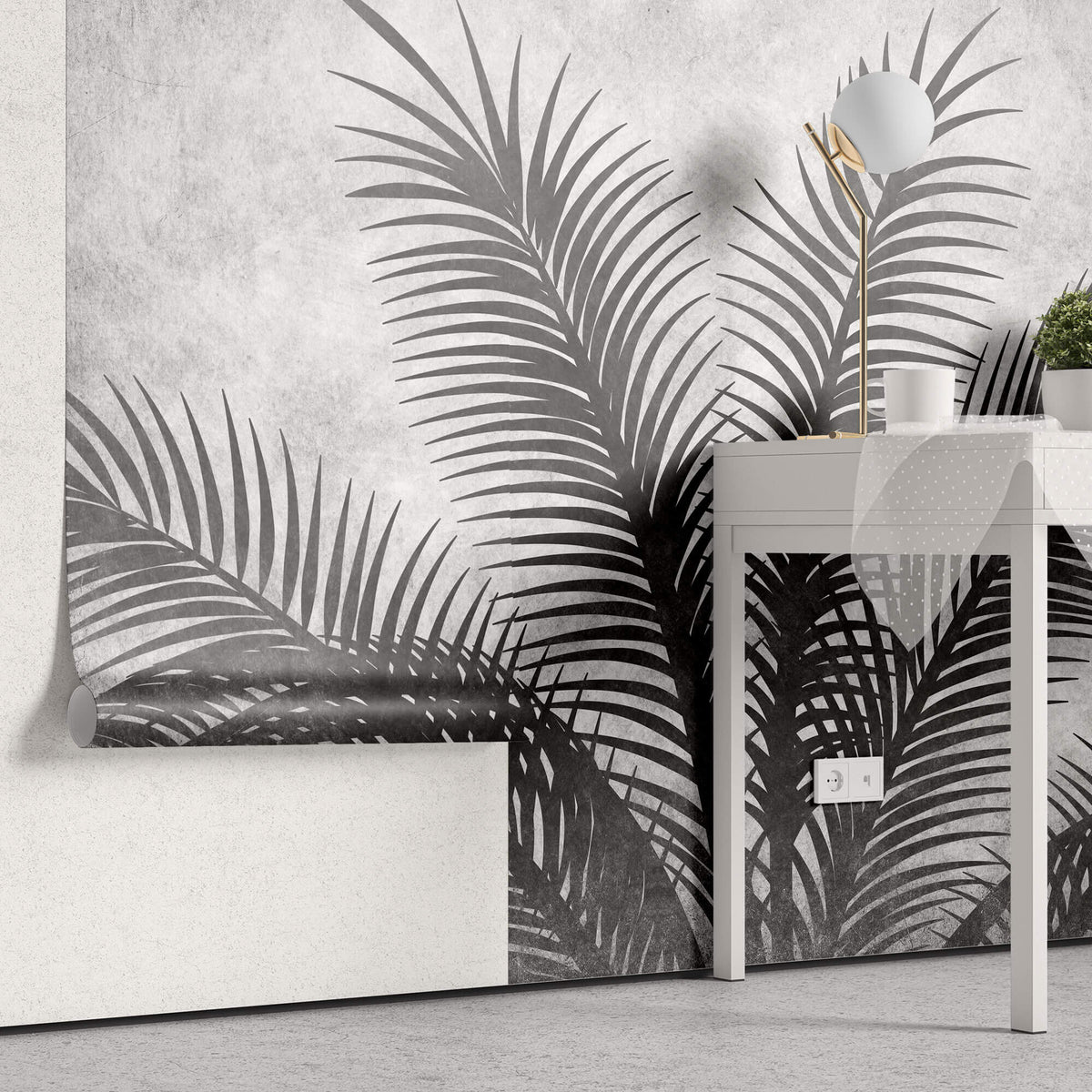 Tapet Personalizat Leaf cu palmieri alb negru texturati - THE GREY PALM