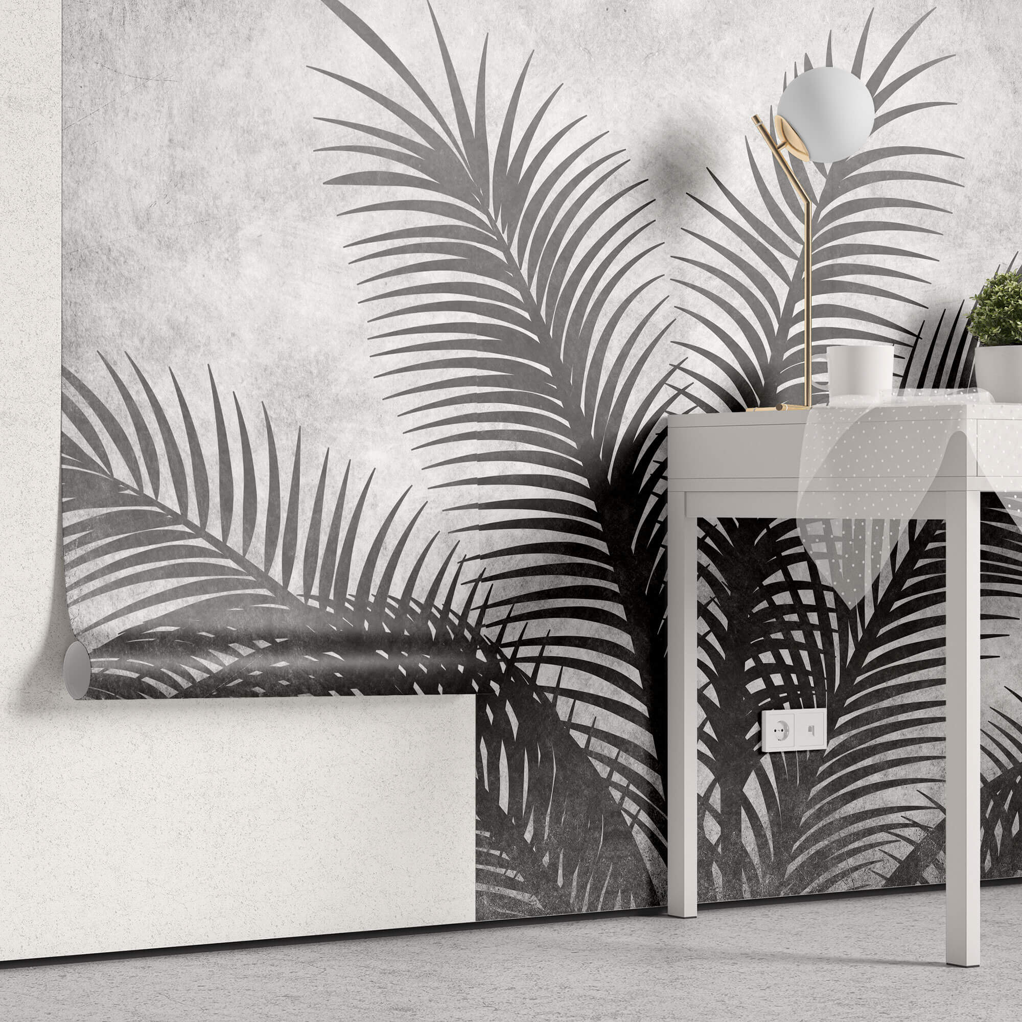 Tapet Personalizat Leaf cu palmieri alb negru texturati - THE GREY PALM