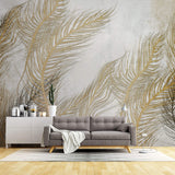 Tapet Personalizat Leaf cu frunze oundulate aurii pe fundal gri - WAVY LEAVES