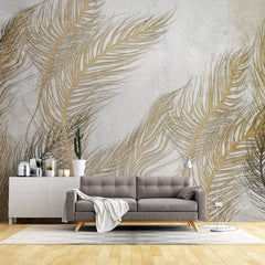 Tapet Personalizat Leaf cu frunze oundulate aurii pe fundal gri - WAVY LEAVES