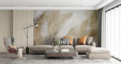 Tapet Personalizat Leaf cu frunze oundulate aurii pe fundal gri - WAVY LEAVES