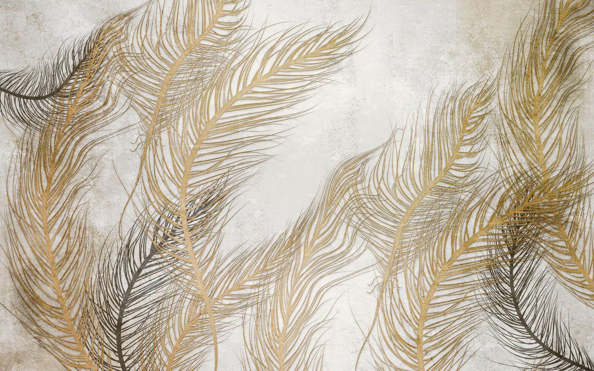Tapet Personalizat Leaf cu frunze oundulate aurii pe fundal gri - WAVY LEAVES