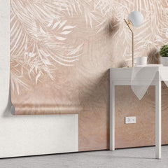 Tapet Personalizat Leaf cu frunze de bambus albe pe fundal roz - PEACHY BAMBOO