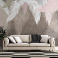 Tapet Personalizat Leaf cu pene albe si roz pe fundal maro texturat - DREAMY STUCCO LEAVES