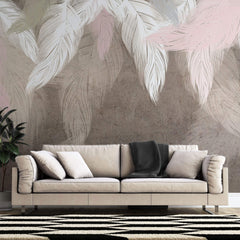 Tapet Personalizat Leaf cu pene albe si roz pe fundal maro texturat - DREAMY STUCCO LEAVES