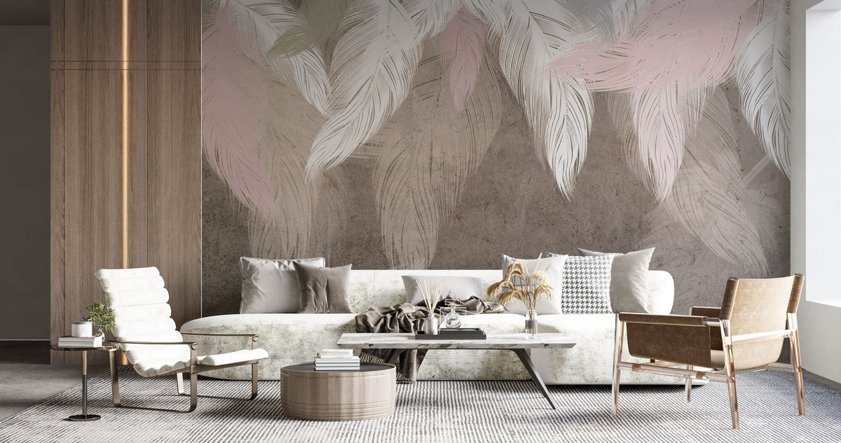 Tapet Personalizat Leaf cu pene albe si roz pe fundal maro texturat - DREAMY STUCCO LEAVES