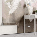 Tapet Personalizat Leaf cu pene albe si roz pe fundal maro texturat - DREAMY STUCCO LEAVES
