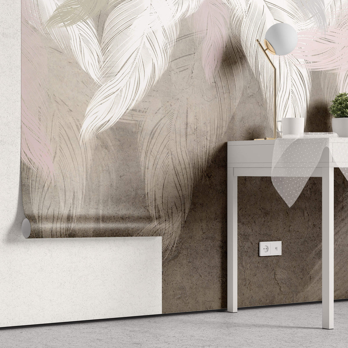 Tapet Personalizat Leaf cu pene albe si roz pe fundal maro texturat - DREAMY STUCCO LEAVES