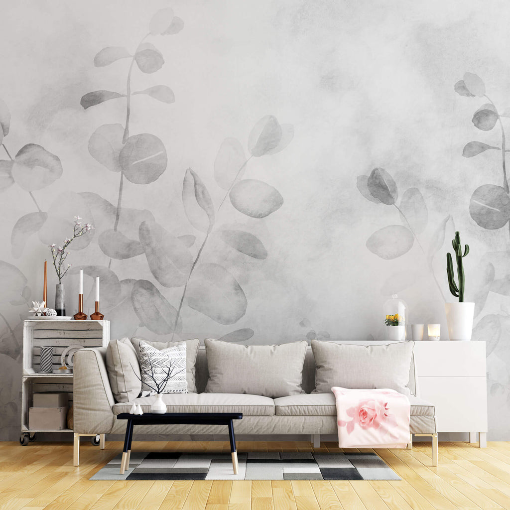 Tapet Personalizat Leaf cu frunze de eucalipt in alb negru - GREY EUCALYPTUS