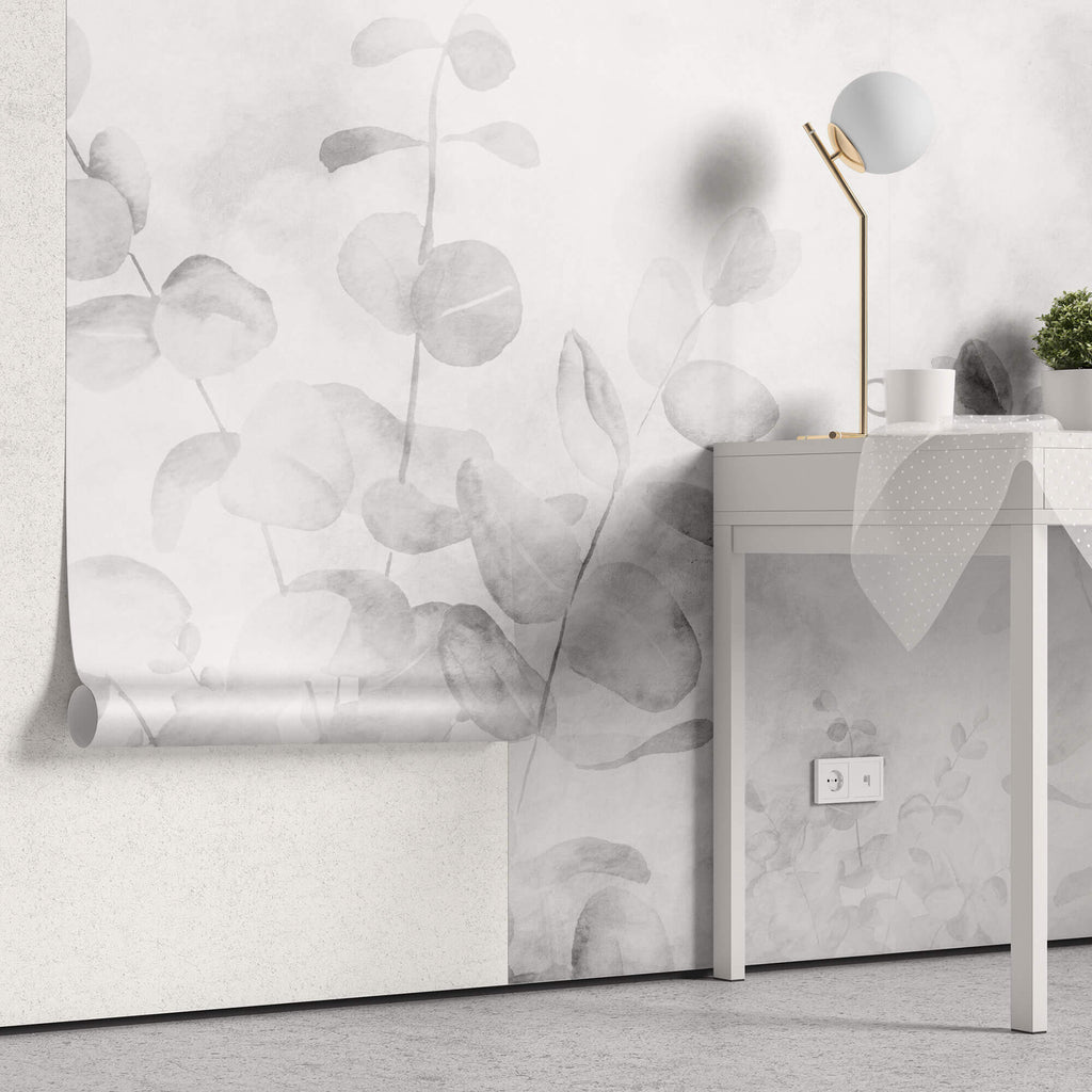 Tapet Personalizat Leaf cu frunze de eucalipt in alb negru - GREY EUCALYPTUS