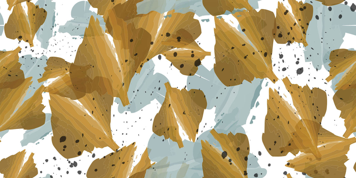Tapet Personalizat Leaf cu frunze abstracte in nuante aramii si albastre - ABSTRACT MUSTARD LEAVES