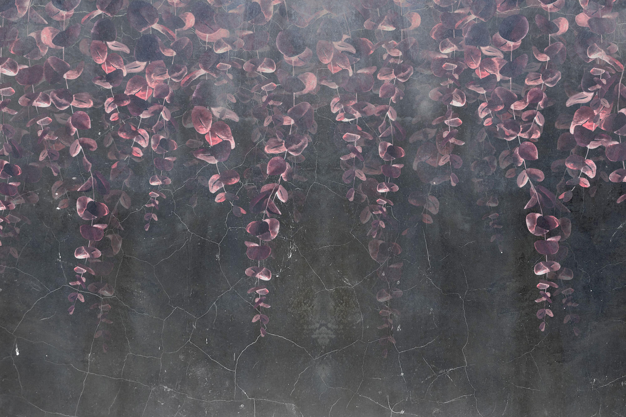 Tapet Personalizat Leaf cu frunze de eucalipt roz intr-un fundal negru de stucco crapat - TINY PURPLE LEAVES