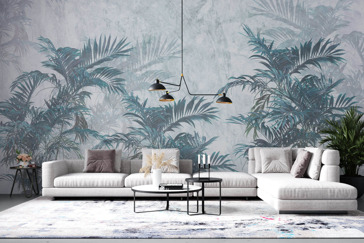 Tapet Personalizat Leaf cu palmieri in nuante de albastru - INTENSE CYAN PALMS