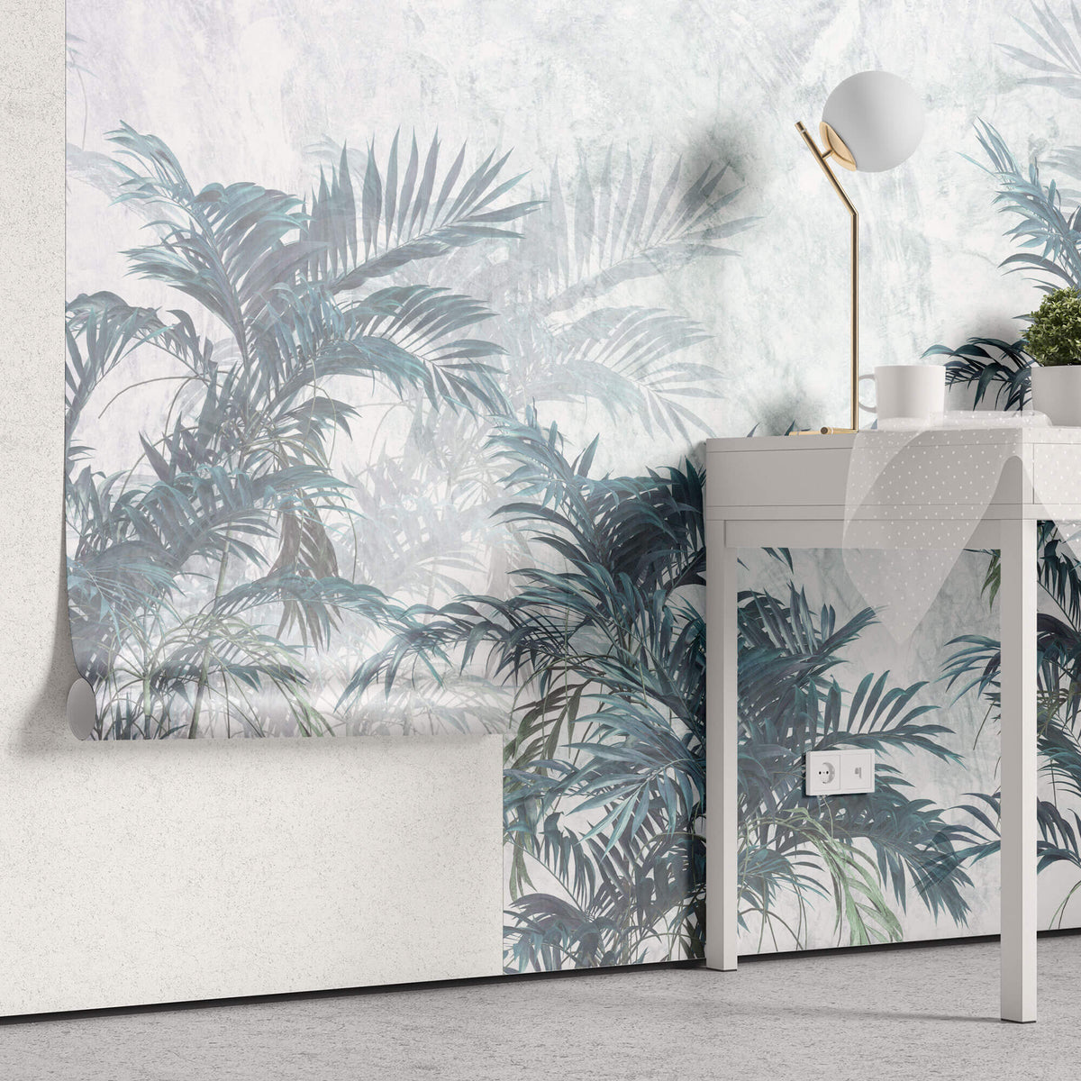 Tapet Personalizat Leaf cu palmieri in nuante de albastru - INTENSE CYAN PALMS