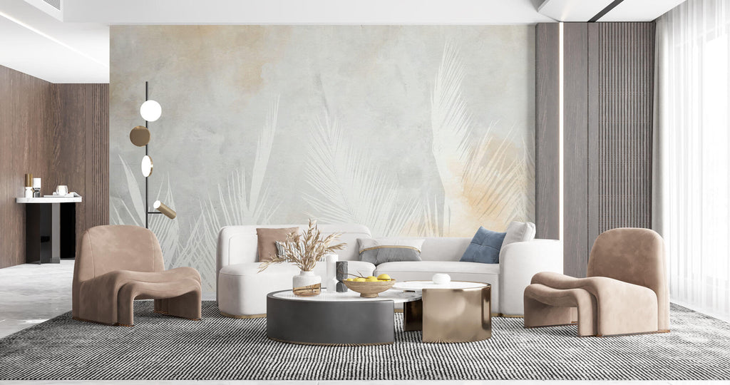 Tapet Personalizat Leaf cu frunze de palmieri albe intr-un fundal gri-piersica - PEACHY GREY PALM