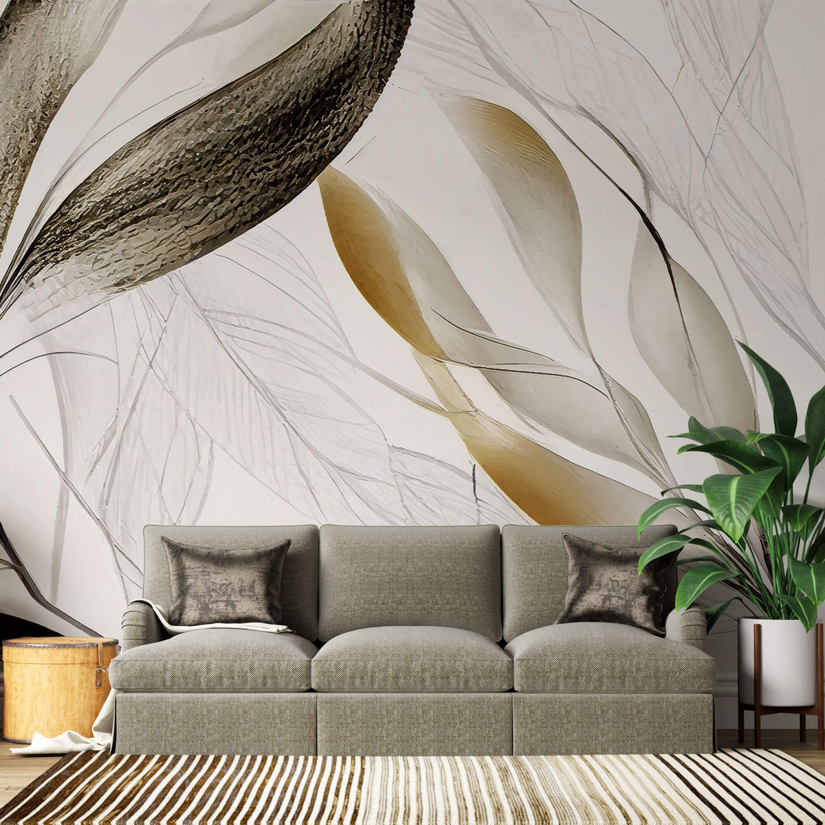 Tapet Personalizat Leaf cu frunze texturate in nuante de bej si crem - BEIGE FEATHER LEAVES I