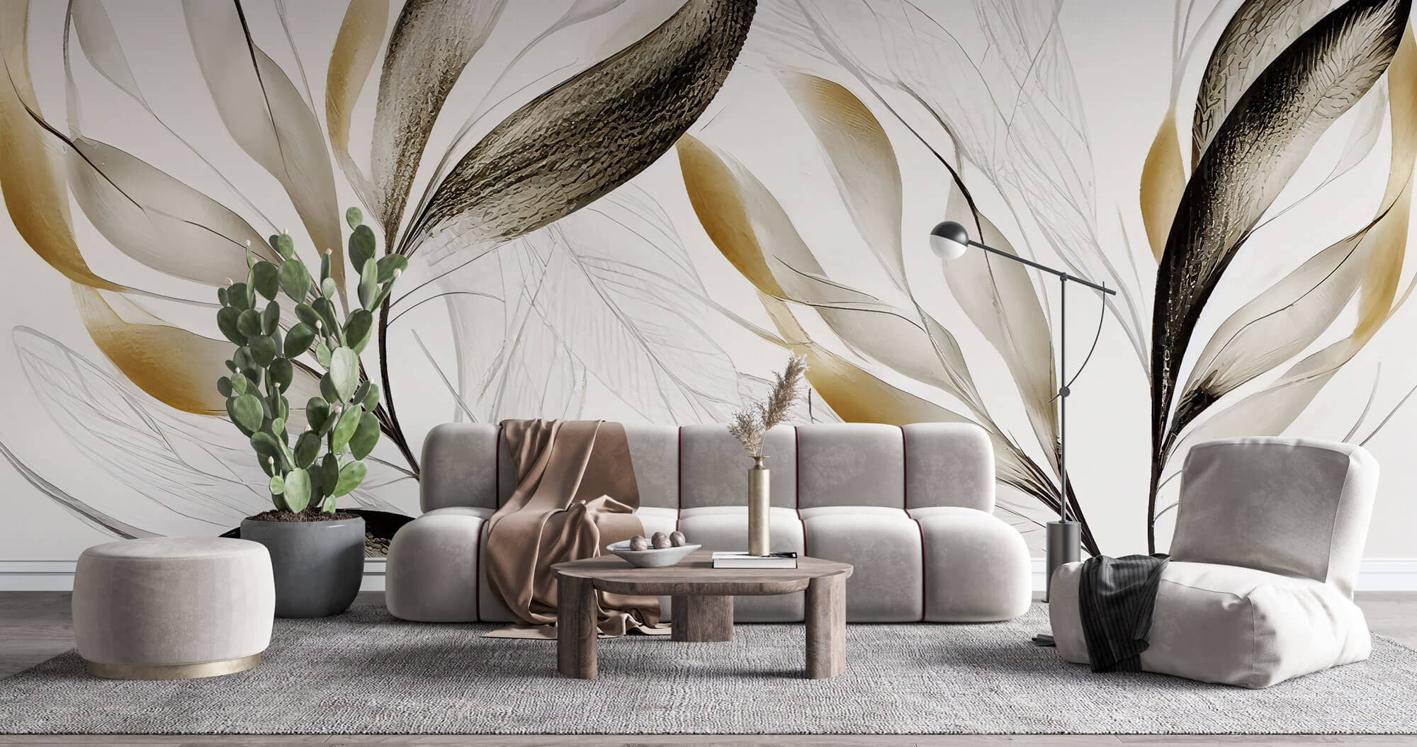 Tapet Personalizat Leaf cu frunze texturate in nuante de bej si crem - BEIGE FEATHER LEAVES I