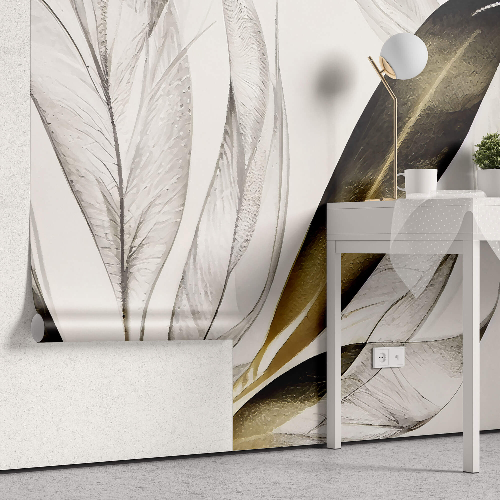 Tapet Personalizat Leaf cu frunze texturate in nuante de bej si crem - BEIGE FEATHER LEAVES II