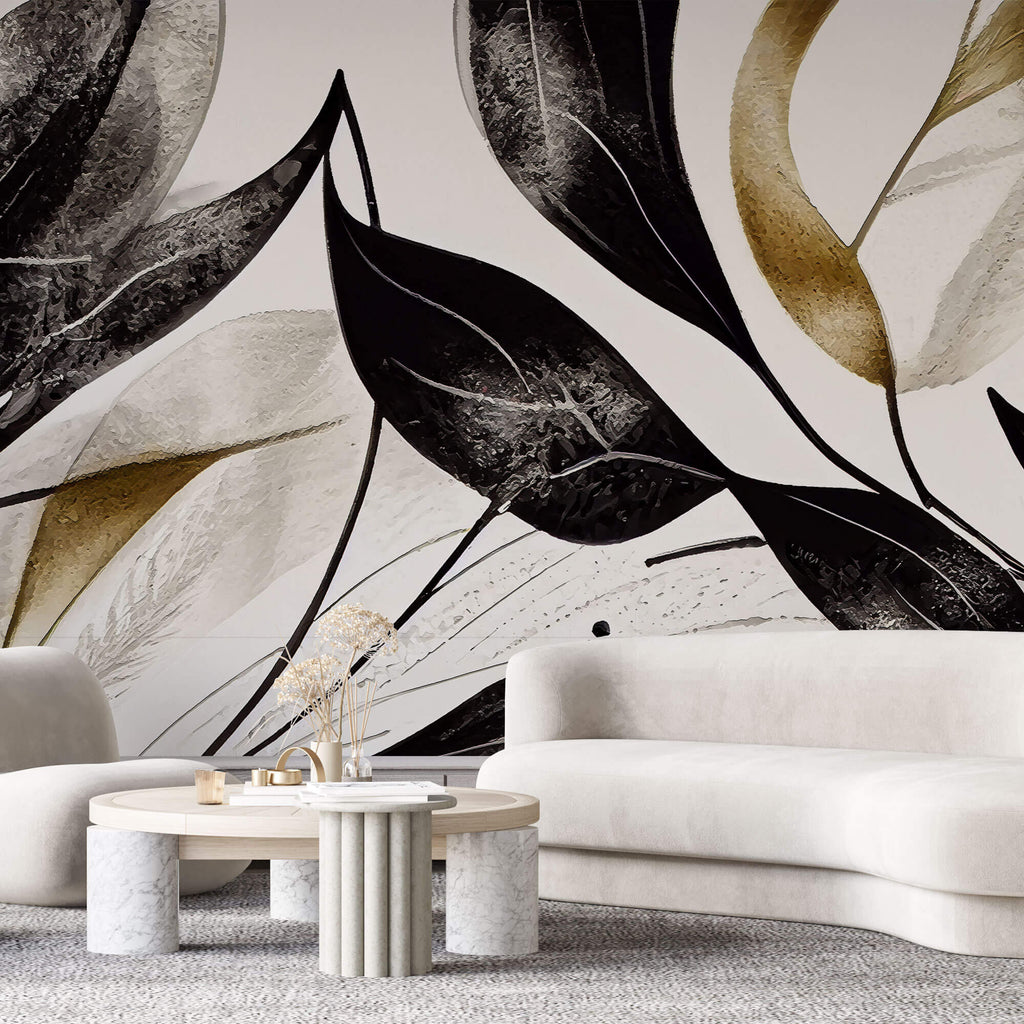 Tapet Personalizat Leaf cu frunze texturate in nuante de negru - BLACK TEXTURED LEAVES