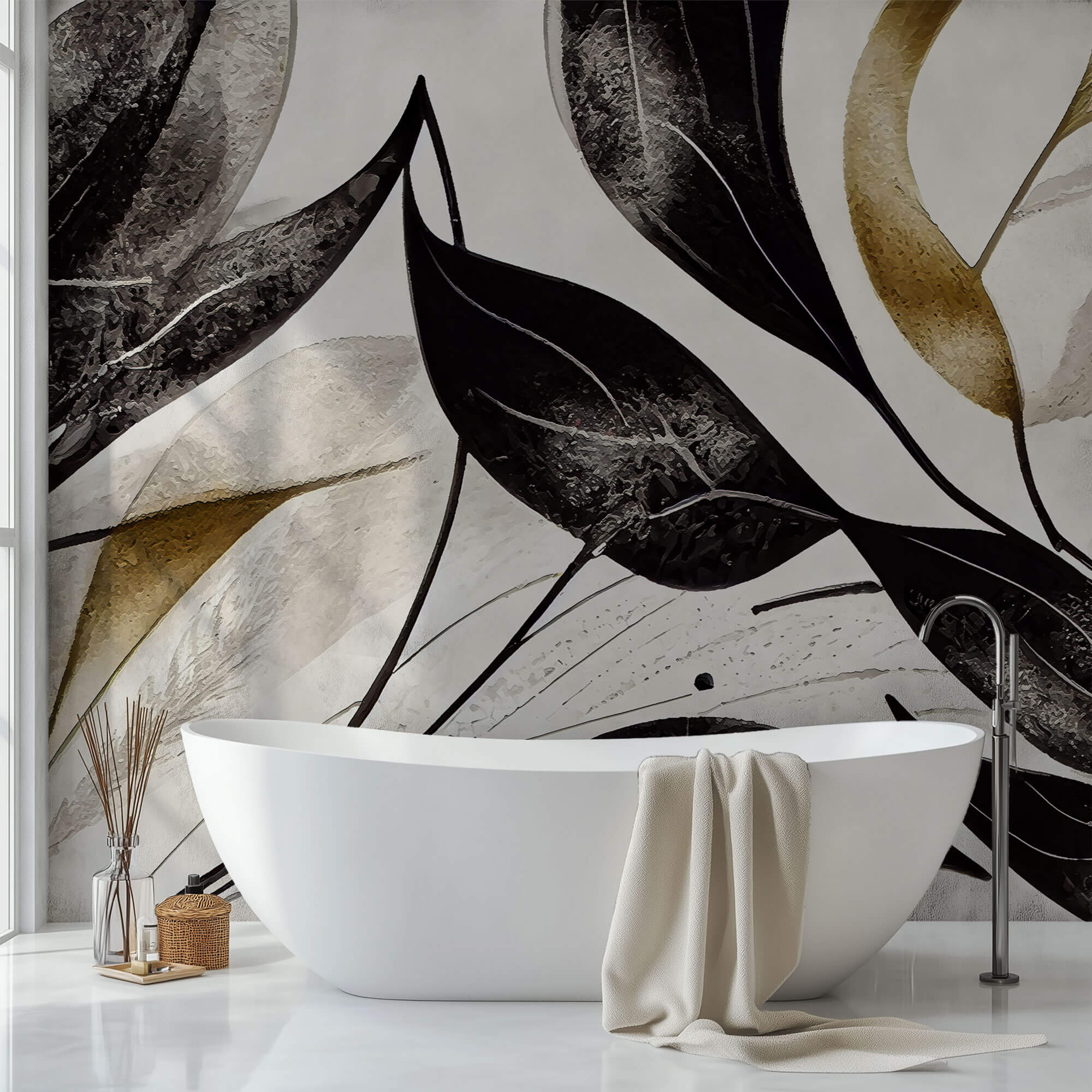 Tapet Personalizat Leaf cu frunze texturate in nuante de negru - BLACK TEXTURED LEAVES