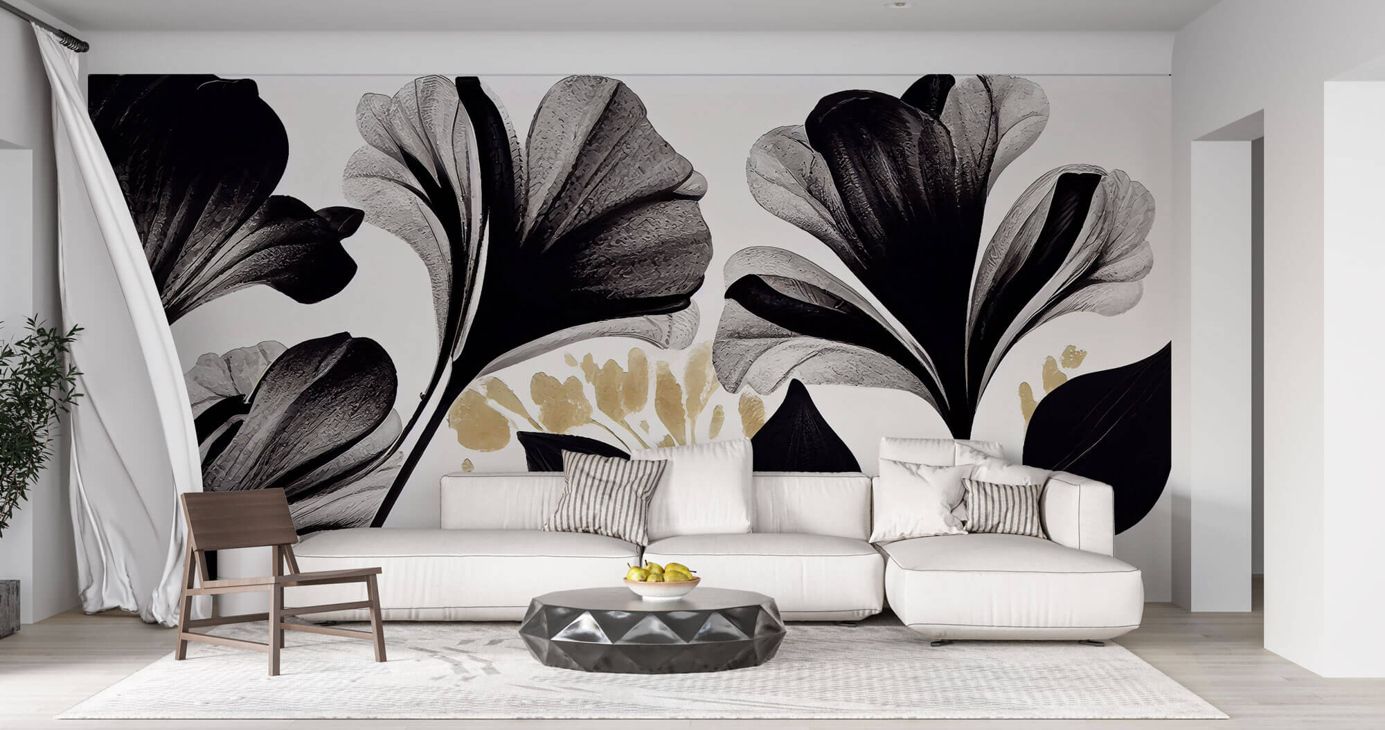 Tapet Personalizat Leaf cu frunze abstracte texturate in nuante de negru - BLACK BLOOM FLOWERS
