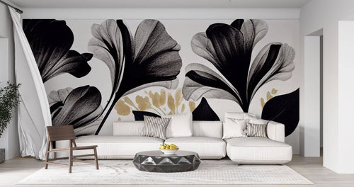 Tapet Personalizat Leaf cu frunze abstracte texturate in nuante de negru - BLACK BLOOM FLOWERS