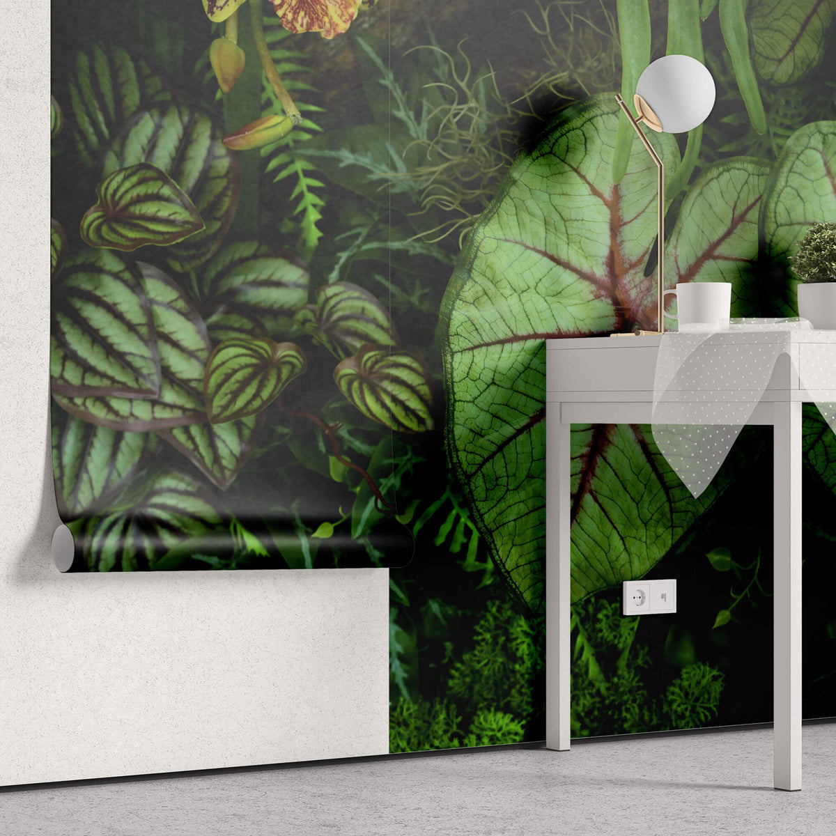 Fototapet Personalizat Leaf cu frunze verzi de caladium intr-un cadru intunecat in natura - EVERGREEN CALADIUM