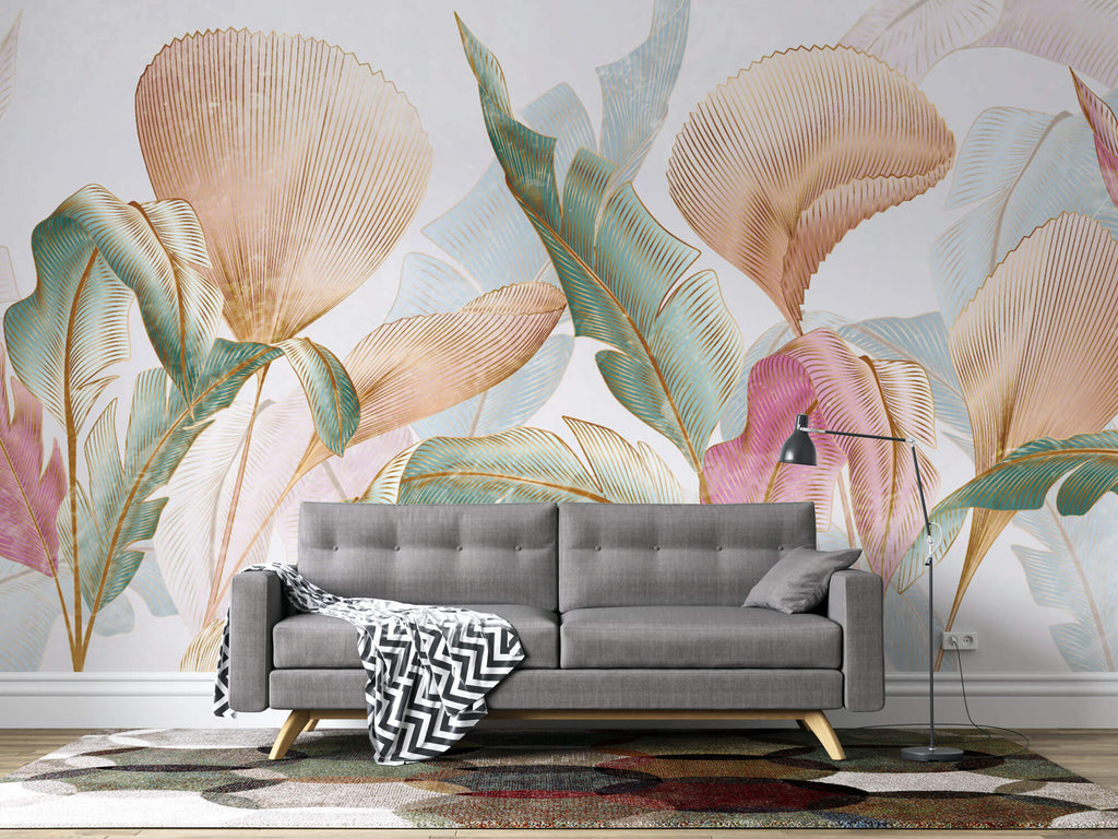 Tapet Personalizat Leaf cu frunze colorate in nuante de roz verde si roz - GOLD INFUSED LEAVES