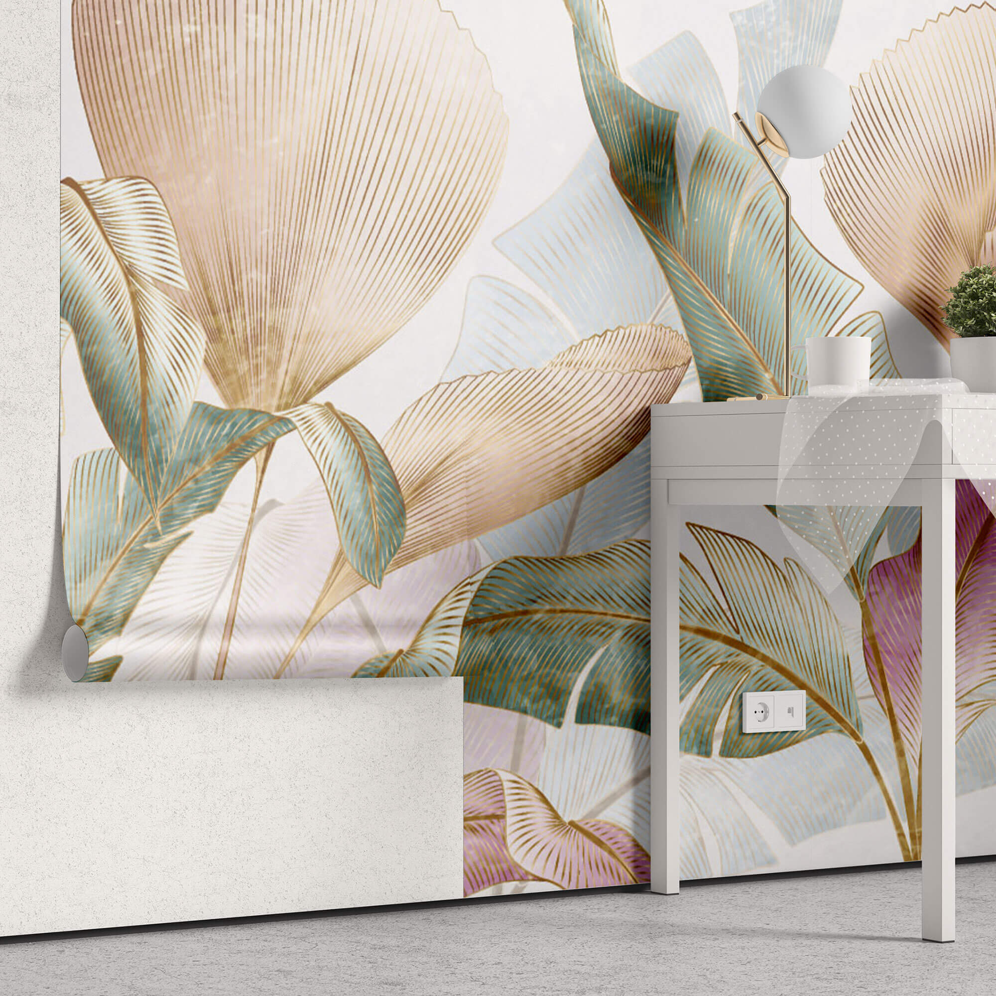 Tapet Personalizat Leaf cu frunze colorate in nuante de roz verde si roz - GOLD INFUSED LEAVES
