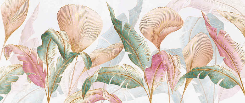 Tapet Personalizat Leaf cu frunze colorate in nuante de roz verde si roz - GOLD INFUSED LEAVES