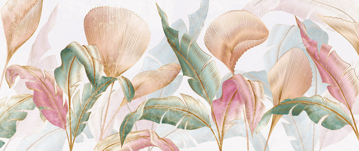 Tapet Personalizat Leaf cu frunze colorate in nuante de roz verde si roz - GOLD INFUSED LEAVES