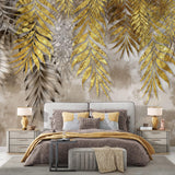 Tapet Personalizat Leaf cu frunze de palmier aurii pe un fundal texturat bej - GOLDEN FOIL LEAVES