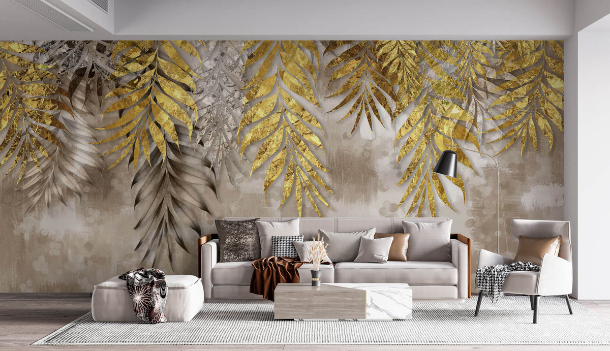 Tapet Personalizat Leaf cu frunze de palmier aurii pe un fundal texturat bej - GOLDEN FOIL LEAVES