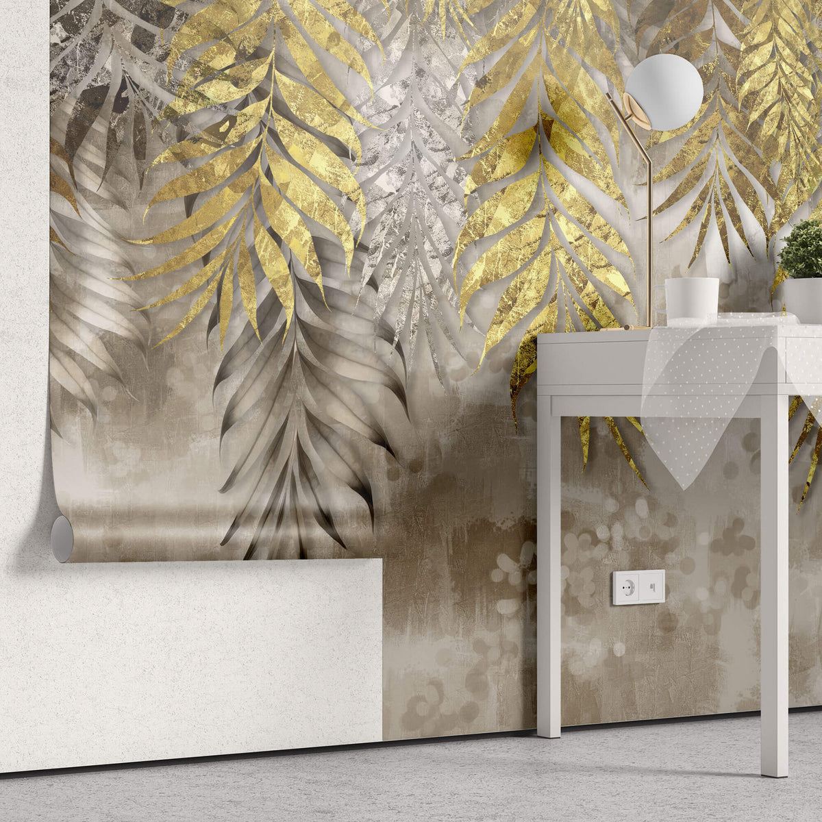 Tapet Personalizat Leaf cu frunze de palmier aurii pe un fundal texturat bej - GOLDEN FOIL LEAVES