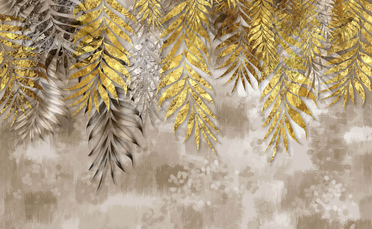 Tapet Personalizat Leaf cu frunze de palmier aurii pe un fundal texturat bej - GOLDEN FOIL LEAVES