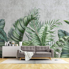 Tapet Personalizat Leaf cu frunze tropicale pe un fundal de perete cimentat - GROWING OVER