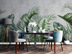 Tapet Personalizat Leaf cu frunze tropicale pe un fundal de perete cimentat - GROWING OVER