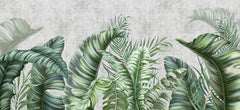 Tapet Personalizat Leaf cu frunze tropicale pe un fundal de perete cimentat - GROWING OVER