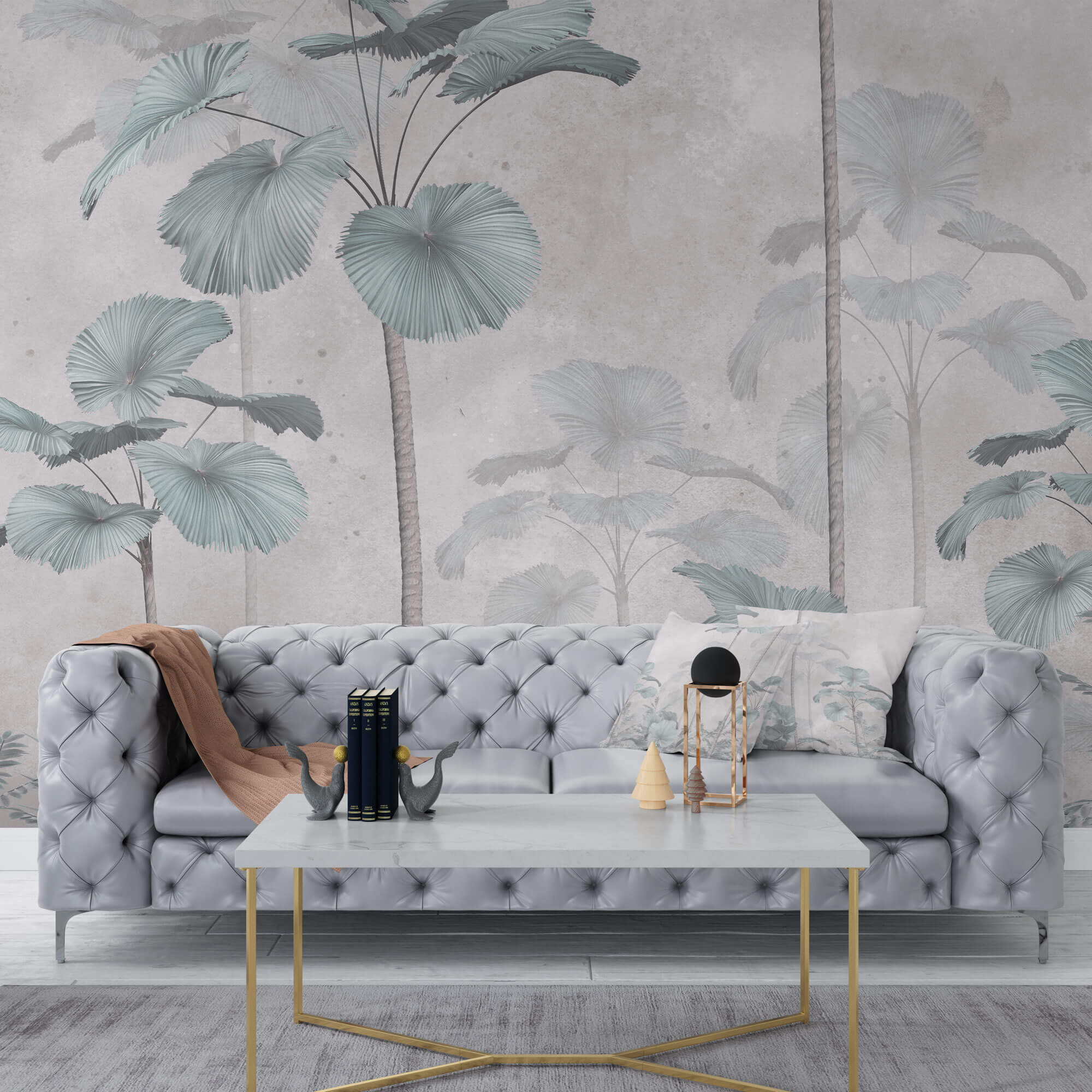 Tapet Personalizat Leaf cu palmieri tropicali in nuante de verde si gri - PALE CYAN PALMS