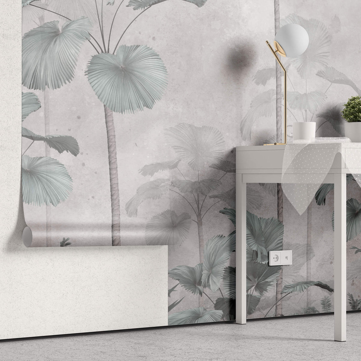Tapet Personalizat Leaf cu palmieri tropicali in nuante de verde si gri - PALE CYAN PALMS
