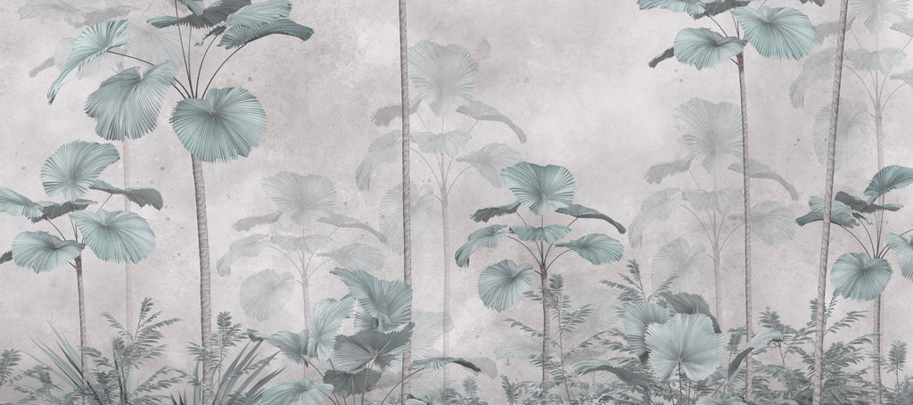 Tapet Personalizat Leaf cu palmieri tropicali in nuante de verde si gri - PALE CYAN PALMS