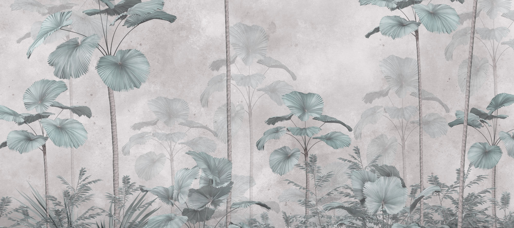 Tapet Personalizat Leaf cu palmieri tropicali in nuante de verde si gri - PALE CYAN PALMS
