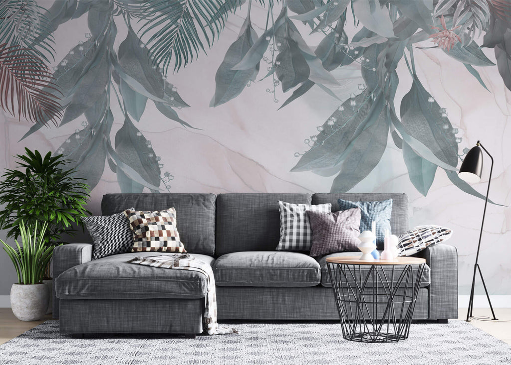 Tapet Personalizat Leaf cu frunze si flori de margaritar pe un fundal de marmura pastel - LILY OF THE VALLEY