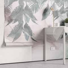 Tapet Personalizat Leaf cu frunze si flori de margaritar pe un fundal de marmura pastel - LILY OF THE VALLEY